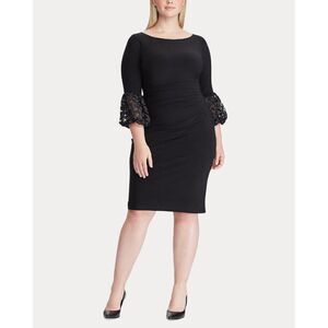 LAUREN RALPH LAUREN Dress Navy Black Lace Bell Sleeve Ruched Sheath Womens Sz 4